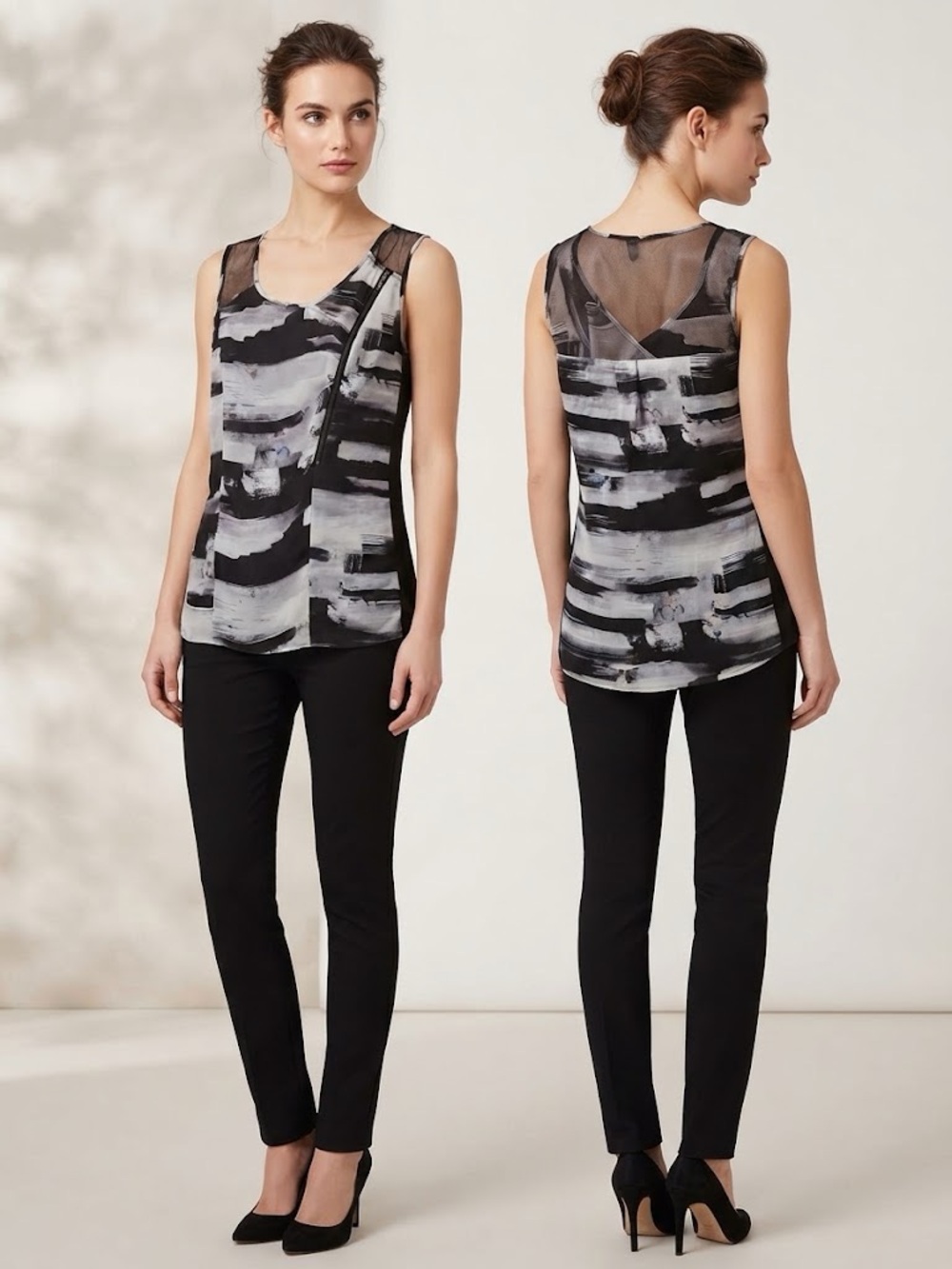 Sleeveless Abstract Print Top in Black and Gray